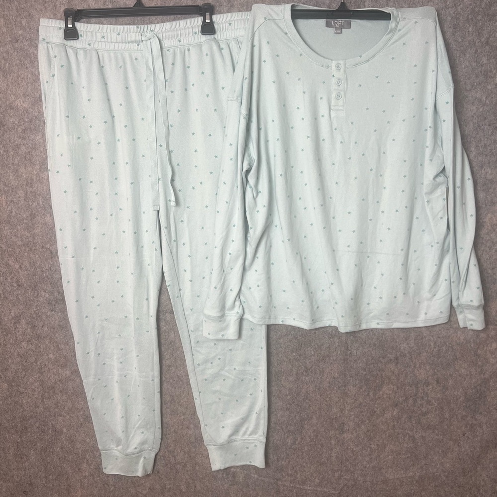 LOFT Sleep Woman’s Large Mint Green‎ Dot Long-Sleeve Pajama Set New